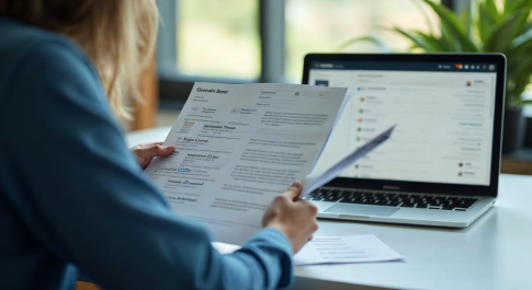 Buyer comparing domain listings on a shortlist worksheet before contacting sellers